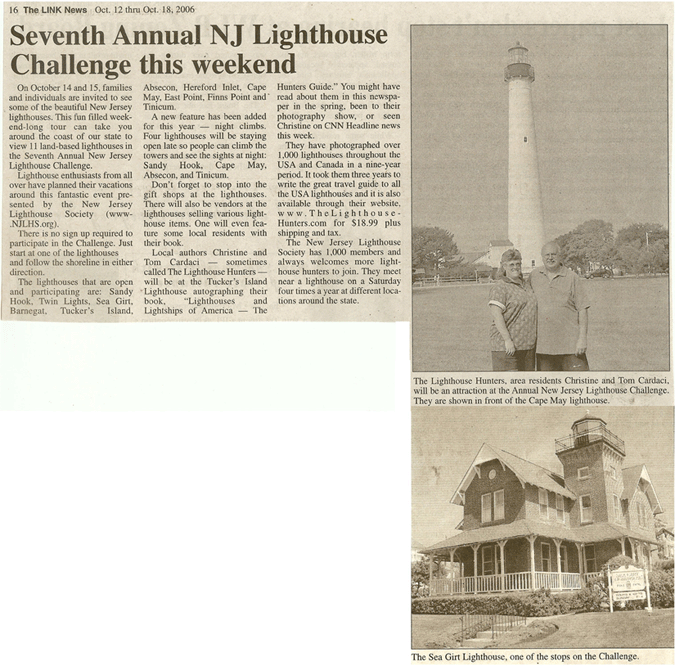 The Link's article on The Lighthouse Hunters Christine and Tom Cardaci